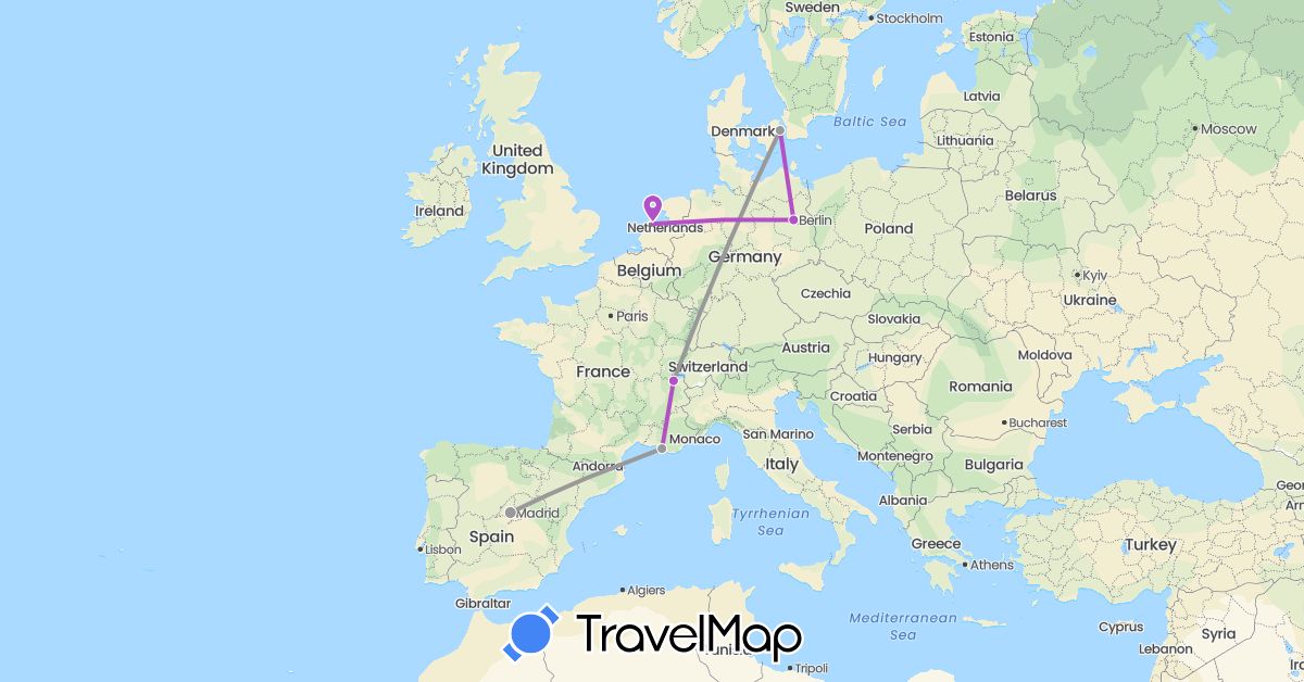 TravelMap itinerary: driving, plane, train in Switzerland, Germany, Denmark, Spain, France, Netherlands (Europe)