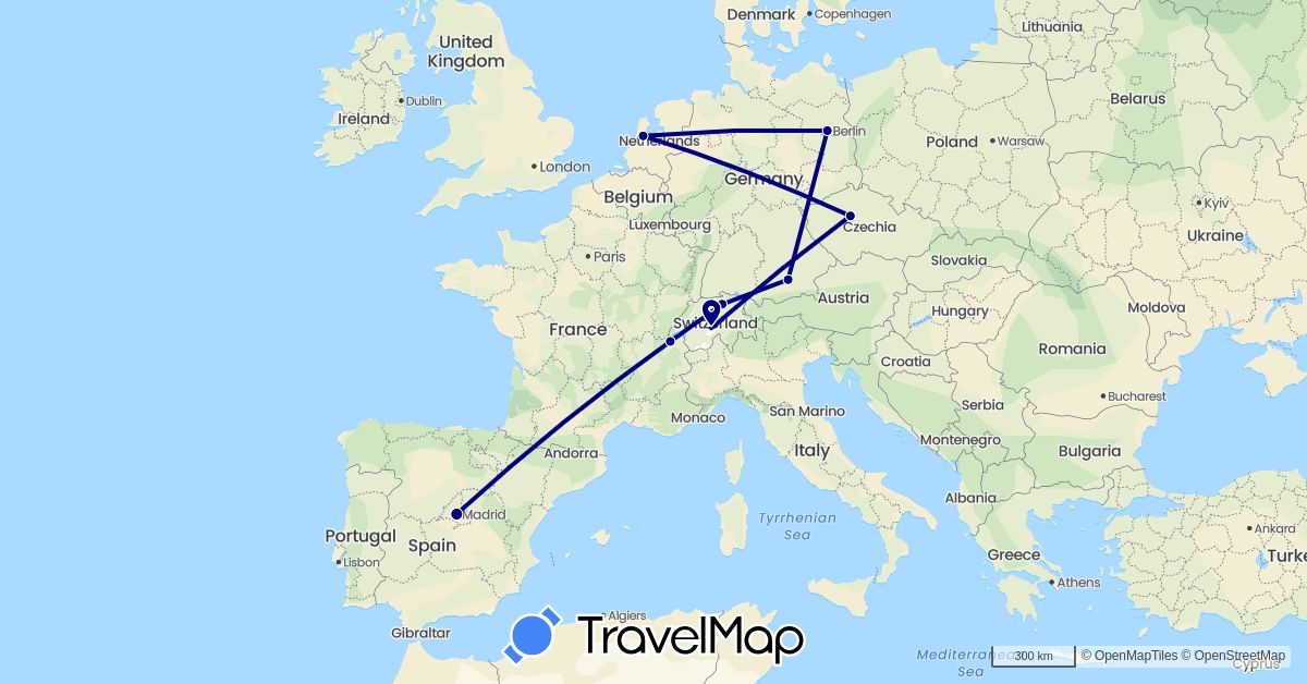 TravelMap itinerary: driving in Switzerland, Czech Republic, Germany, Spain, Netherlands (Europe)